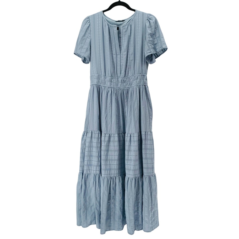 BTFBM sz Medium Women Blue Tiered Maxi Dress Cotton Smocked Waist Short Sleeve